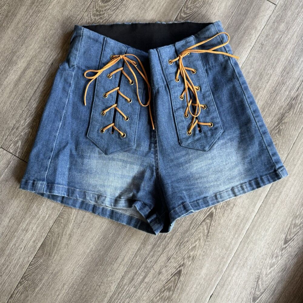 Judith March Women Blue Denim Shorts Lace Up Sz S Festival Western Cowgirl Boho